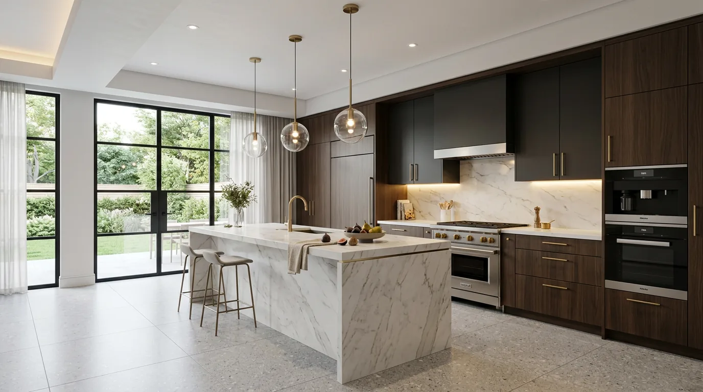 Modern kitchen with layered lighting — glass pendants over a marble island, recessed downlights and under-cabinet lighting
